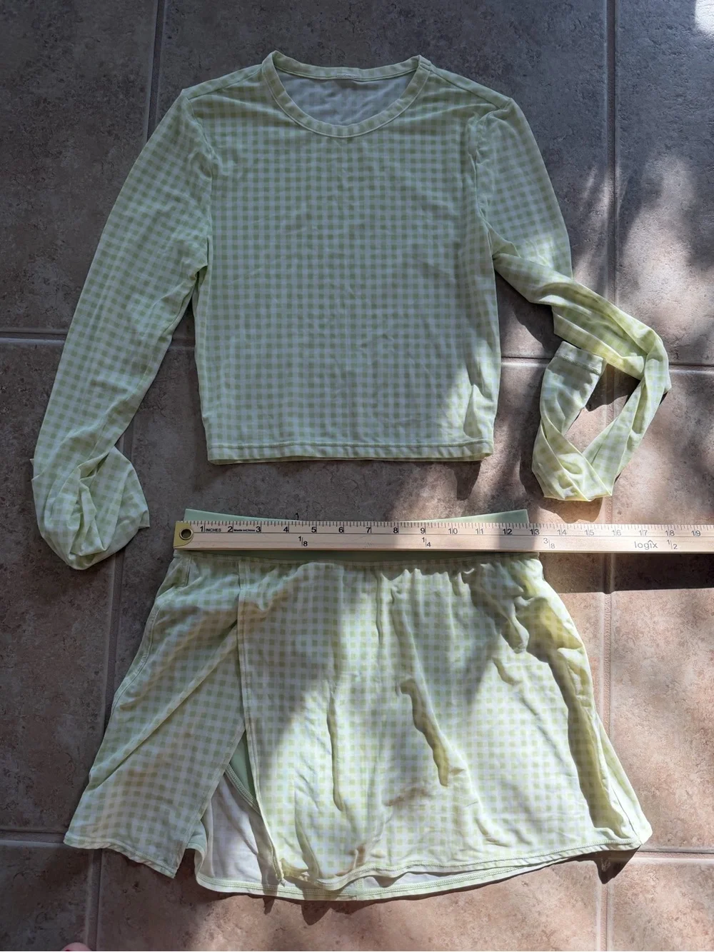 Alo Yoga S matching two piece Mesh Gingham Skirt crop top Set Iced Green Tea